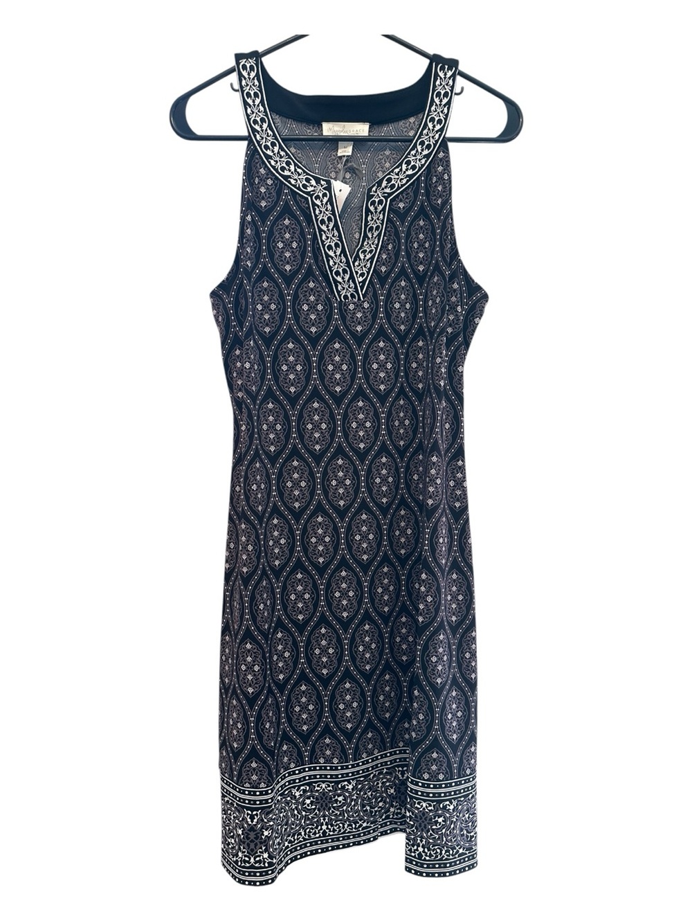 NWT Magnolia Grace Sleeveless Navy Printed Midi Dress with Contrast Trim Medium
